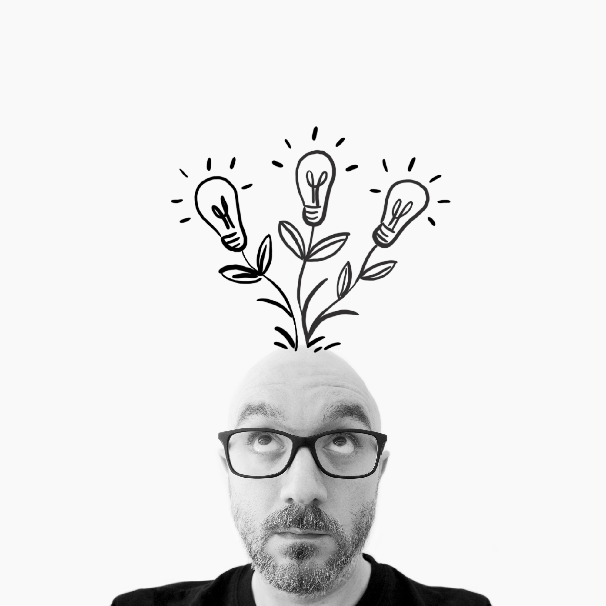 Portrait of a person with lightbulbs growing out of his head